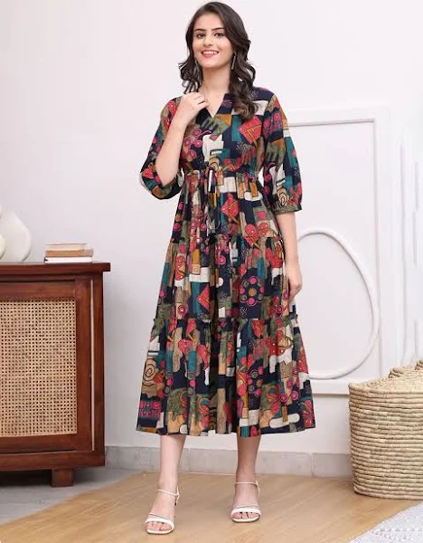 Women's Abstract Printed Mandarin Collar A-Line Dress